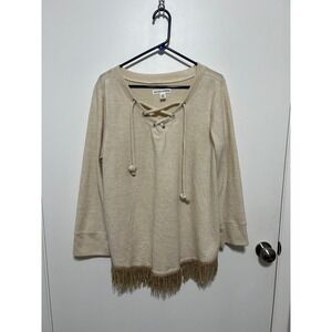 New York Laundry Oatmeal Heather Lace Up V-Neck Bell Sleeve Fringe Sweater XL